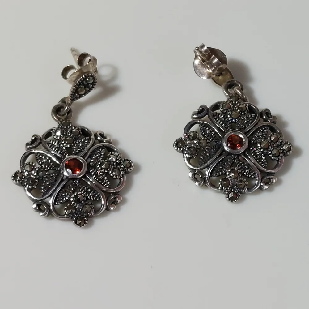 #0011 Vintage Sterling Silver Marcasite CZ Dangling Earrings SX Thai 925 - Picture 1 of 5